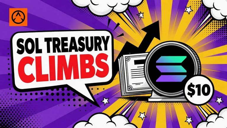 A comic-style illustration of a large Solana coin beside a stack of share certificates with an upward arrow and a $10 badge, next to a speech bubble reading SOL TREASURY CLIMBS.
