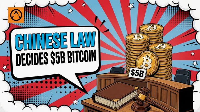 A comic illustration of a stack of bitcoin coins on a court bench beside a law book and a judge's hammer, with a speech bubble headline about Chinese law deciding a $5 billion bitcoin claim.