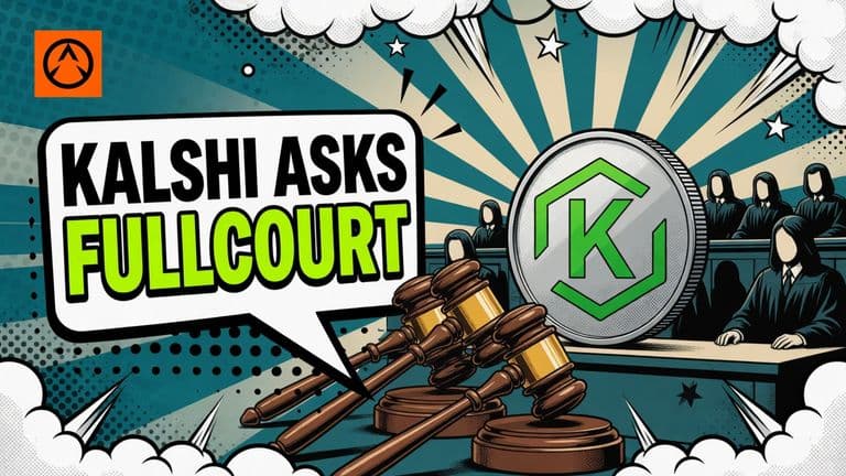 A comic illustration of a large coin carrying the Kalshi logo on an exchange floor, with judge's gavels leaning in from one side and a row of robed figures seated above it.