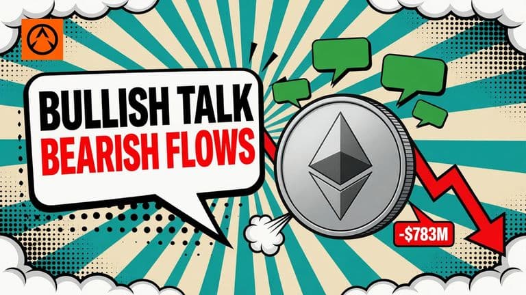 A large Ethereum coin with green upward speech bubbles on one side and a red falling arrow on the other, showing bullish talk against money leaving.
