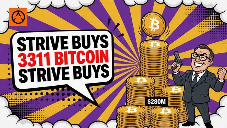 A comic illustration of a stack of bitcoin coins with one new coin dropping onto the top, beside a suited caricature holding a small ledger.