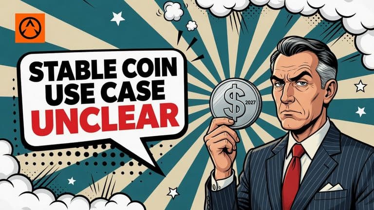 A comic-style bank chief executive holds a large dollar coin at eye level beside a speech bubble reading STABLE COIN USE CASE UNCLEAR, with a small 2027 badge.
