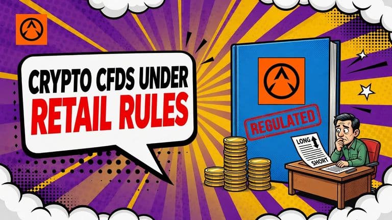 A comic illustration of a large rulebook marked with the ASIC logo beside two coin stacks and a small investor holding a leveraged contract, under a speech bubble reading CRYPTO CFDs UNDER RETAIL RULES.