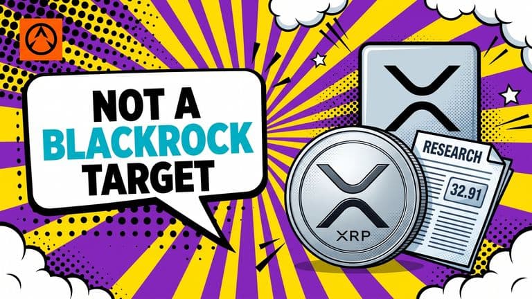 A comic-style illustration of an XRP coin next to a folded research paper marked 32.91, with a BlackRock badge behind them and a speech bubble reading NOT A BLACKROCK TARGET.