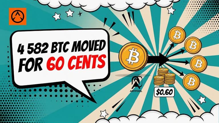 A comic-style illustration of one large Bitcoin coin sending five smaller Bitcoin coins along an arrow, with a tiny fee coin in front and the AntPool mark on a badge below.