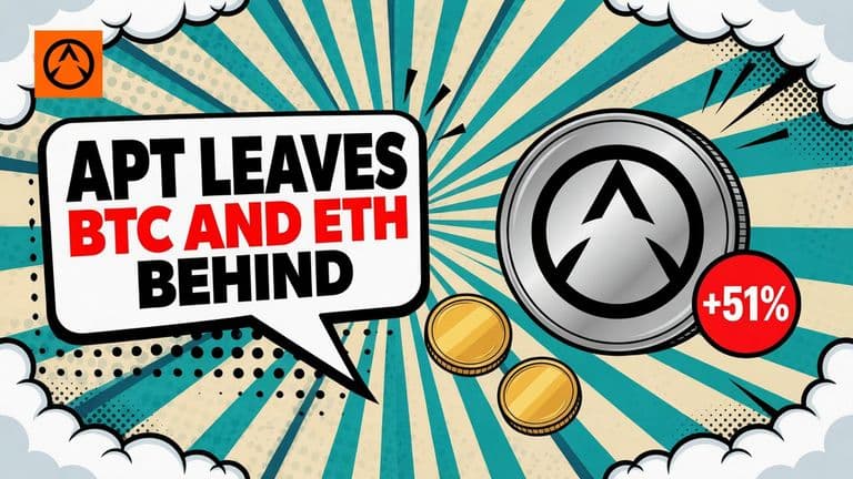 A large coin marked APT sits above two smaller plain coins, beside a badge reading +51% and a speech bubble with the headline APT LEAVES BTC AND ETH BEHIND.