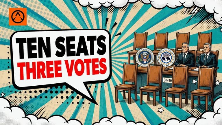 An illustration of two rows of five chairs, mostly empty, with two seated officials and the SEC and CFTC emblems behind them, beside a speech bubble reading TEN SEATS THREE VOTES.