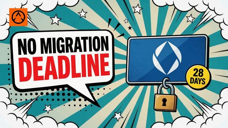 A comic-style illustration of a large ENS name tag with the ENS logo on it and a padlock hanging from it, beside a speech bubble that reads NO MIGRATION DEADLINE.