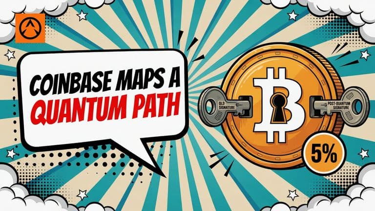 A comic-style bitcoin coin face with two keys inserted into it sits beside a speech bubble headline about Coinbase and Bitcoin's quantum upgrade.