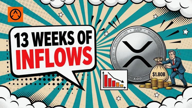 A comic illustration of a large XRP coin being filled with money while a small gauge beside it points down.
