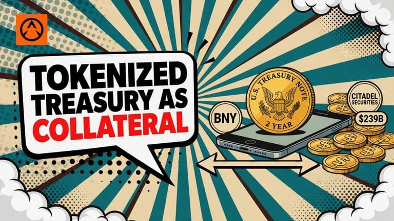 A comic-style illustration of a coin stamped as a two-year U.S. Treasury note on a phone screen, with an arrow carrying it from a bank badge to a pile of dollar coins.