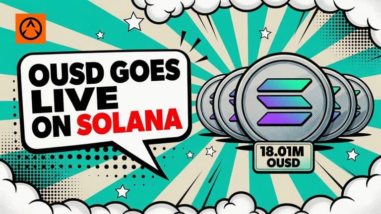 A comic-style illustration of a large coin marked with the Solana logo standing in front of a row of four smaller chain coins, beside a speech bubble reading OUSD GOES LIVE ON SOLANA.