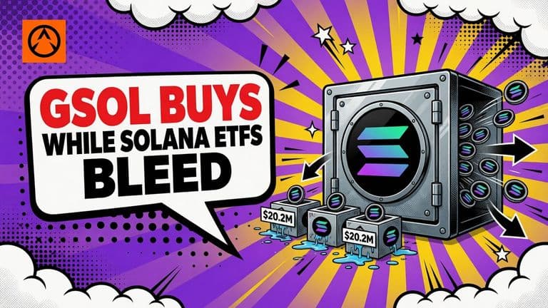 A comic illustration of a Grayscale fund vault receiving Solana coins while smaller Solana ETF boxes beside it lose coins through an outflow arrow.