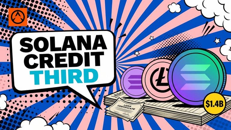 A comic illustration of three large coins ranked left to right, the last one carrying the Solana logo with a stack of loan certificates beside it, under a speech bubble reading SOLANA CREDIT THIRD and a badge reading $1.4B.