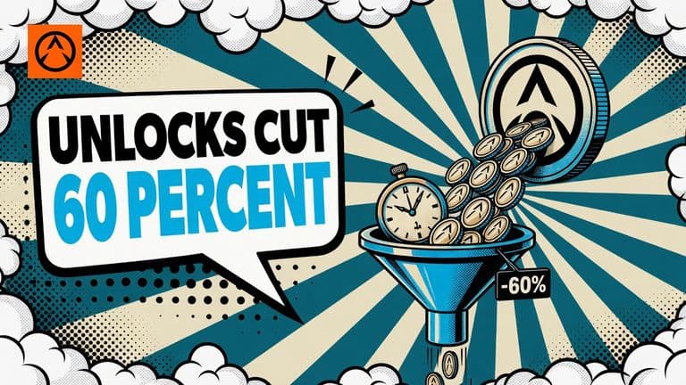 A comic style APT coin face pours a thick stream of coins into a funnel that thins to a trickle, next to a stopped clock.