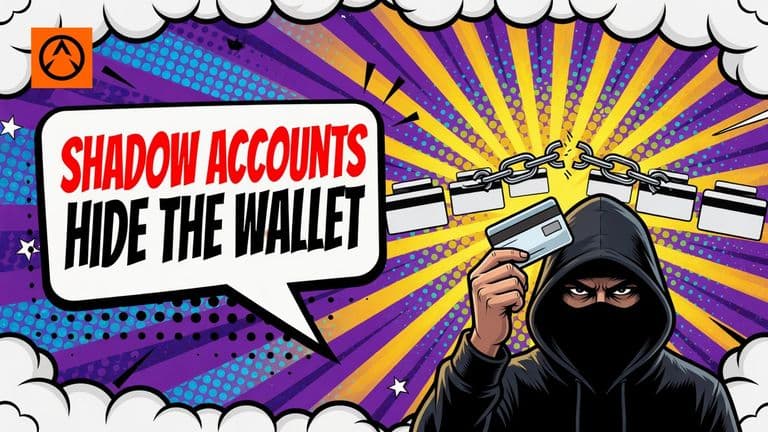 A hooded comic figure holds up a blank wallet card while identical blank wallet cards float behind it, with a broken chain link snapping between them.