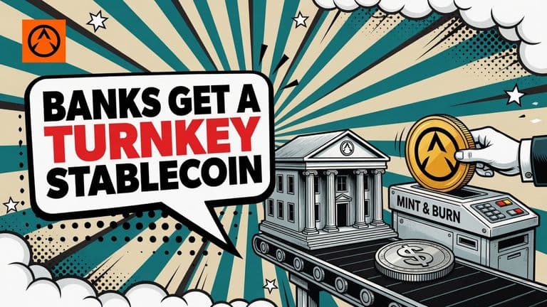 A comic-style bank building hands a large BitGo-stamped coin into a mint-and-burn console held by a suited arm, with a plain dollar coin on a conveyor below.