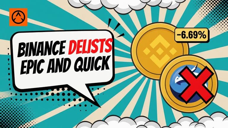 A comic-style illustration of two large coin faces, one carrying the Binance mark and one the QuickSwap mark, with a red cross-out stroke over the lower coin and a badge showing -6.69%.