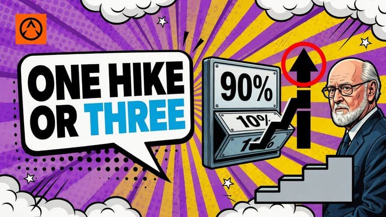 A comic illustration of a Fed official beside a rising rate arrow and a large board of hike odds, with a speech bubble reading ONE HIKE OR THREE.