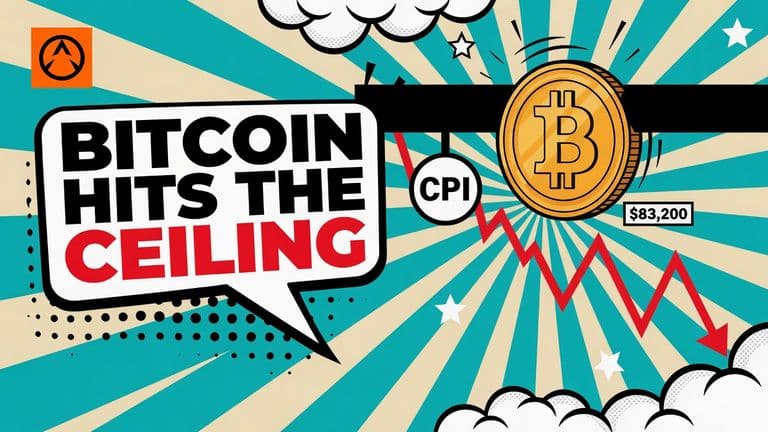 A comic-style illustration of a large Bitcoin coin pressed against a thick black bar above it, with a small CPI badge below the bar and a falling chart line behind it.