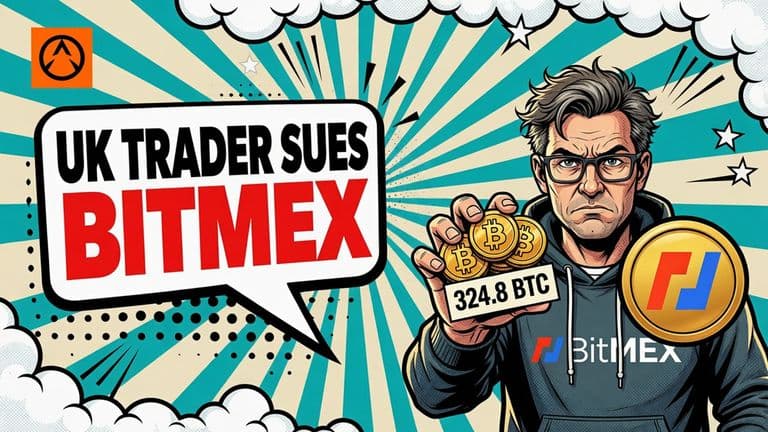 A comic illustration of a UK trader holding out bitcoin coins beside a large BitMEX badge on a bold sunburst background.
