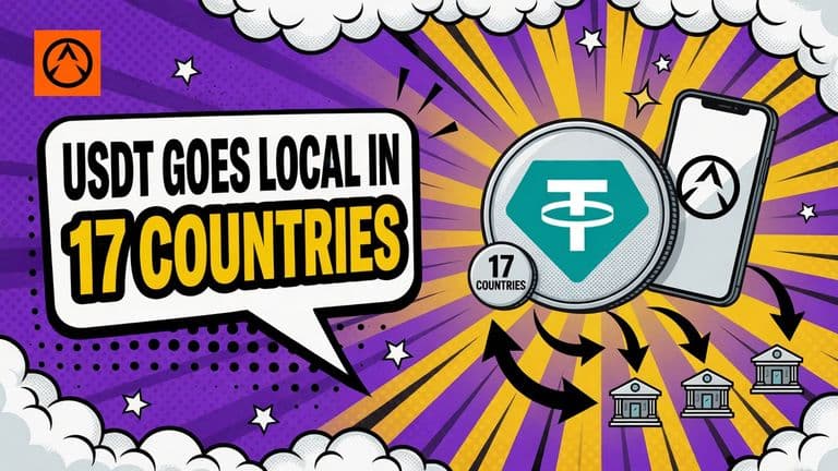 A comic-style cover showing a USDT coin with the Tether logo beside a phone displaying the EFY Finance logo, with arrows pointing from the coin toward small bank account icons and a badge reading 17 COUNTRIES.