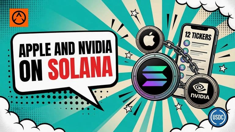 A flat comic-style illustration of a large Solana coin in the centre of a sunburst, linked by chain to an Apple coin and an Nvidia coin, with a phone screen and a USDC badge behind them.