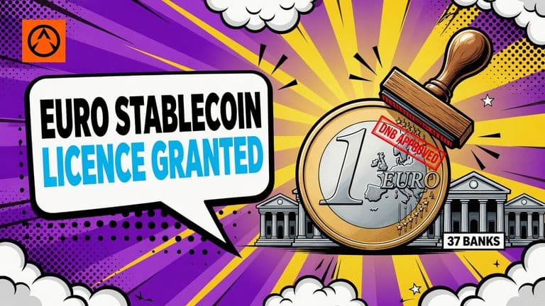 A comic-style illustration of a large euro coin being stamped with an approval mark while a row of bank buildings stands behind it, with a speech bubble on the left.