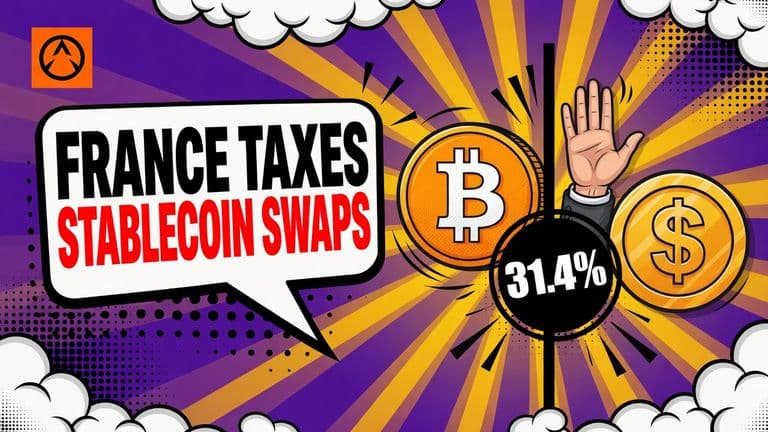 A bitcoin coin crosses a thick black line into a stablecoin token while a large black stamp reading 31.4% comes down on the swap.