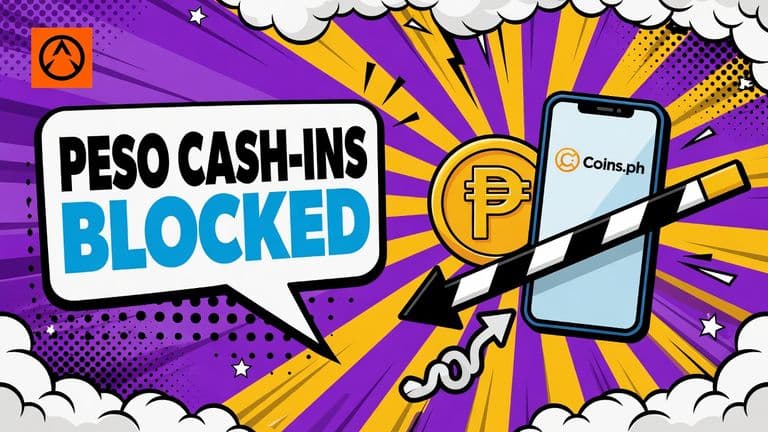 A peso coin hits a barrier arm in front of a phone showing the Coins.ph logo, as the peso arrow turns back.