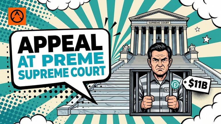 A comic illustration of a man in a prison uniform behind bars at the base of tall marble court steps, with the FTX logo on a coin beside him.
