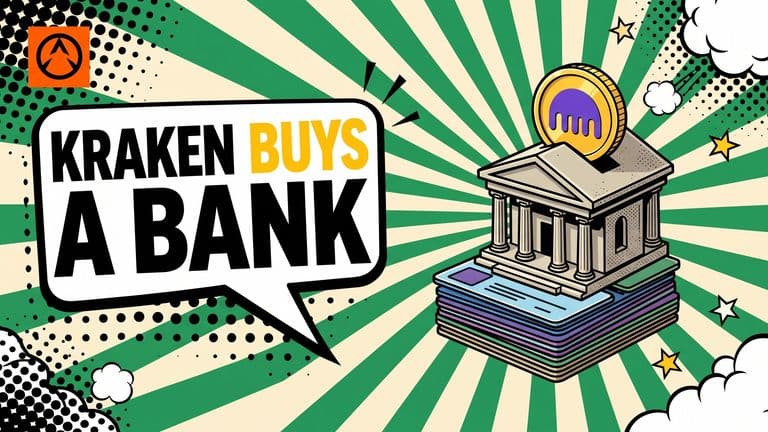 A comic-style illustration of a small columned bank building topped by a coin bearing the Kraken mark, with a stack of plain licence badges below it.