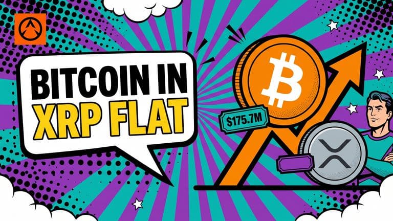 A comic-style Bitcoin coin riding an upward arrow beside an XRP coin sitting on a flat line, with a speech bubble headline reading BITCOIN IN XRP FLAT and a badge reading $175.7M.