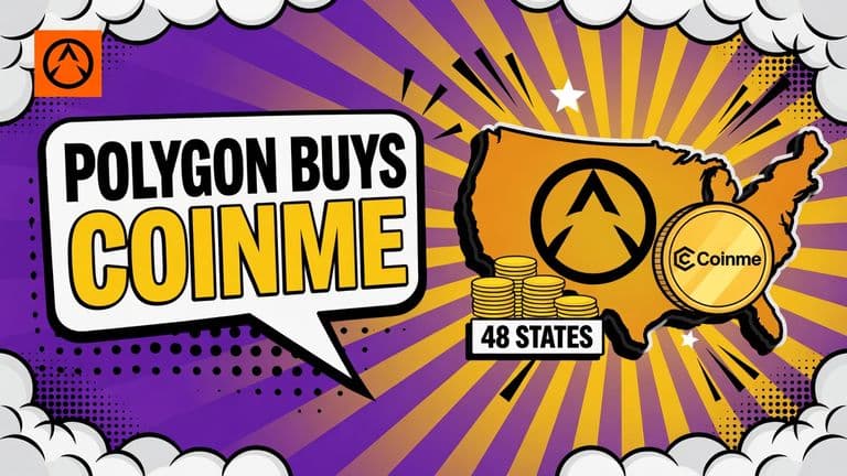 A comic-style illustration of a US map badge carrying Polygon's logo beside a coin with Coinme's logo, with a speech bubble reading POLYGON BUYS COINME.