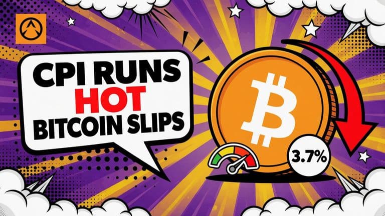 A comic-style bitcoin coin tilting downward with a red arrow falling beside it and a small badge reading 3.7%.