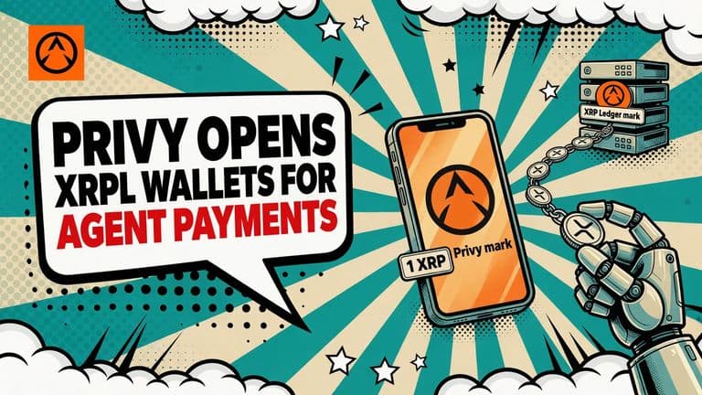 A comic-style illustration of a phone showing a Privy wallet on the XRP Ledger, with a small robot hand sending coins along a chain toward server blocks.