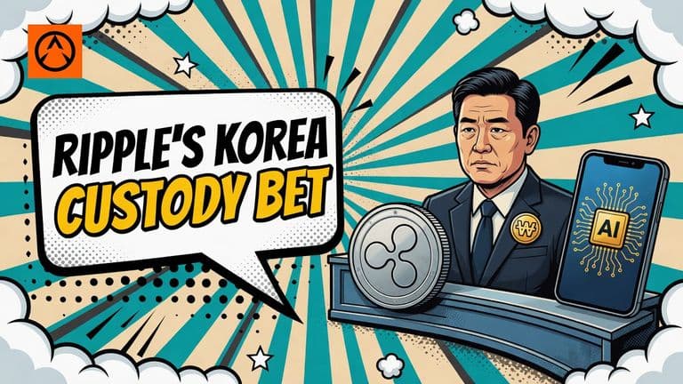 A comic-style illustration of a Korean securities broker between a Ripple-marked coin on custody rails and a phone showing an AI chip, with a speech bubble reading Ripple's Korea custody bet.