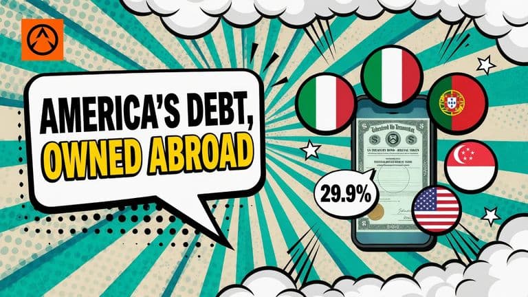 A comic-style illustration of a tokenized US Treasury bond on a phone screen, with large badges for Italy, Portugal and Singapore and a smaller badge for the United States.
