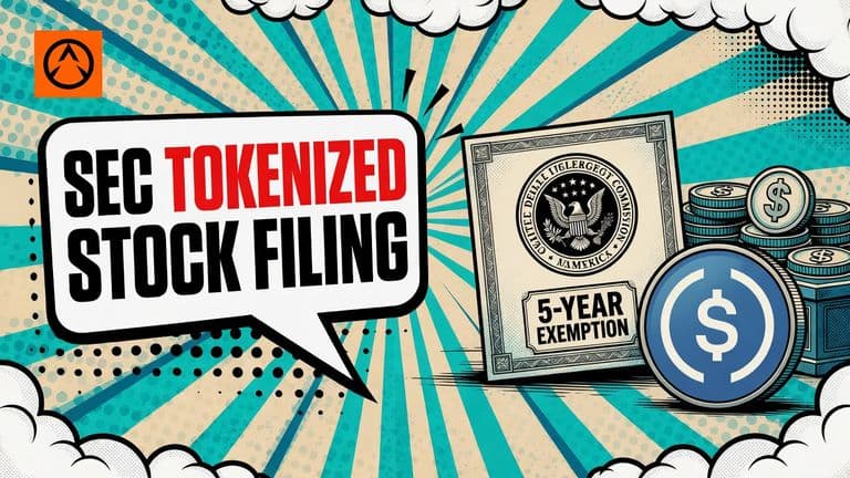 A large stock certificate stamped with an SEC seal stands beside a coin. exchange platform with a USDC coin face and stock tokens, under a speech bubble reading SEC TOKENIZED STOCK FILING.