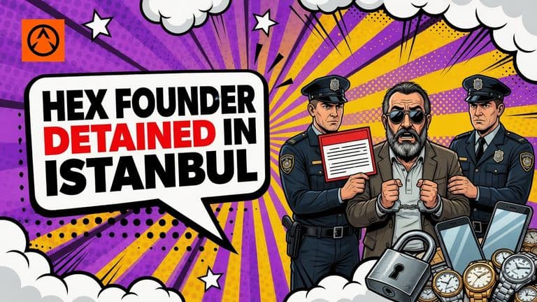 A comic illustration of a bearded man in sunglasses and handcuffs between two uniformed officers, one officer raising a red bordered notice card, with seized watches and phones piled beside them.