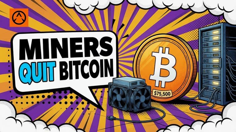 A comic-style bitcoin coin stands between a dark, switched-off mining rig and a running AI server rack, under a headline saying miners quit Bitcoin.