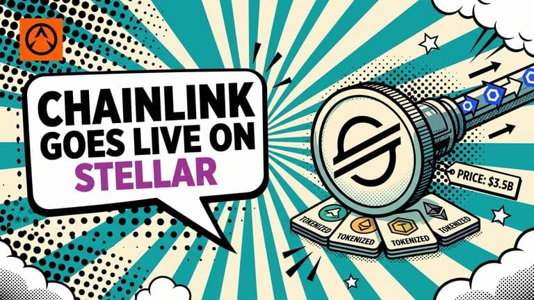 A comic-style illustration of a Chainlink data feed arrow plugging into a large Stellar coin, with a speech bubble headline reading CHAINLINK GOES LIVE ON STELLAR and a badge showing $3.5B.