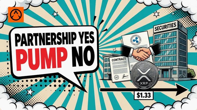 A large XRP coin resting flat on a level price line beside a small office building and a signed contract page, under a headline speech bubble.