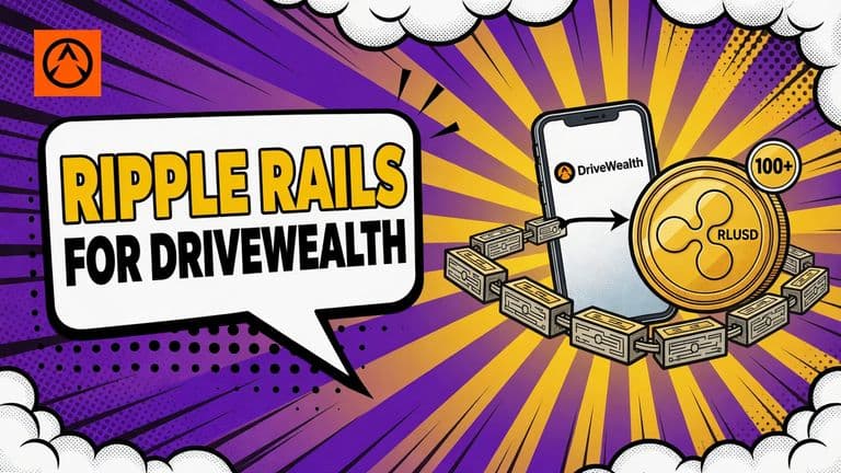 A comic-style illustration of a large RLUSD coin on a chain of ledger blocks reaching a phone marked with the DriveWealth logo, with a speech bubble carrying the headline 'Ripple rails for DriveWealth'.
