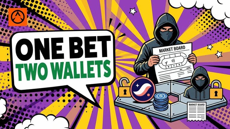 A comic illustration of a masked figure carrying a Polymarket bet slip past a market board, with a Starknet coin and a USDC bridge plate beside them, and a speech bubble on the left.
