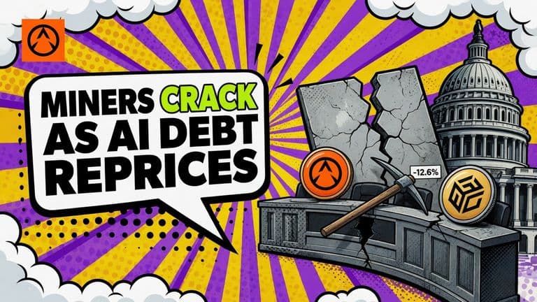 A cracked concrete data center slab with server racks and a fallen pickaxe, with two badges showing the real TeraWulf and IREN marks, beside a speech bubble reading MINERS CRACK AS AI DEBT REPRICES.
