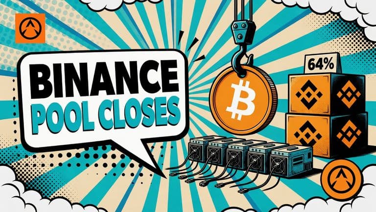 A comic illustration of a large Binance coin being lifted away from a row of mining rigs while three big stacked blocks marked with coin faces stand close together beside it.