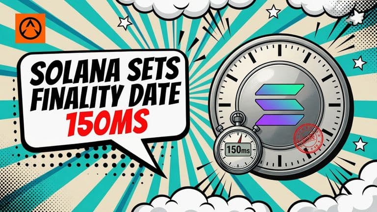 A comic-style Solana coin bearing the Solana mark sits on a clock dial with a small stopwatch in front of it reading 150ms, beside a speech bubble reading SOLANA SETS 150MS FINALITY DATE.