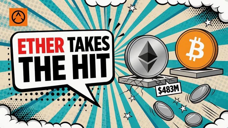 A comic-style picture of an ether coin cracking through a thin platform while a bitcoin coin stands beside it and smaller tokens tumble away.