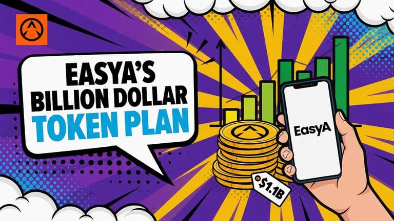 A comic illustration of a hand holding a phone with the EasyA app, a stack of token coins beside it and a rising bar chart behind, under a speech bubble reading EASYA'S BILLION DOLLAR TOKEN PLAN.
